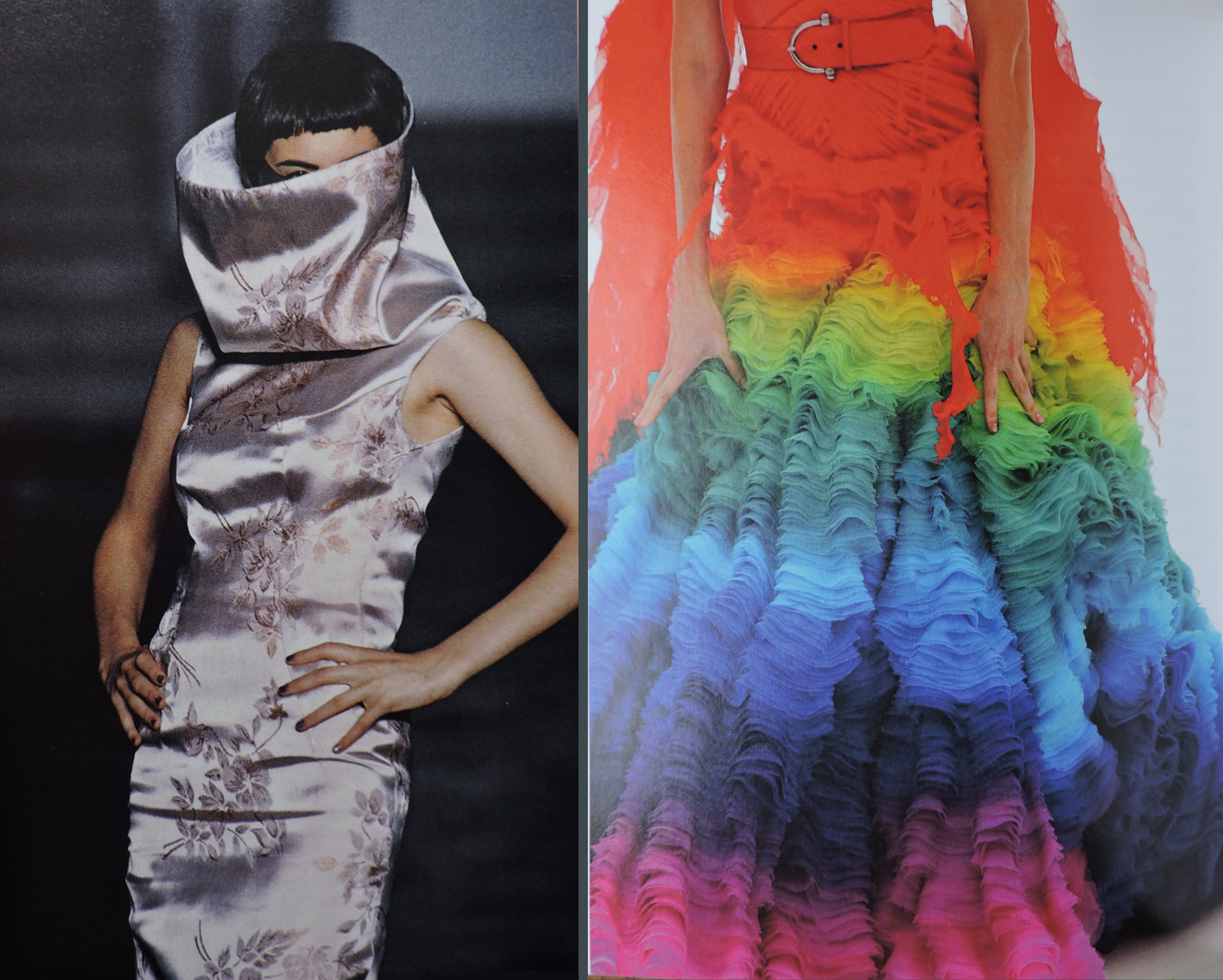 Collar and color. On the left: funnel necked dress, "Bellmer la Poupée," SS 1997. On the right: detail, silk chiffon rainbow dress, "Irere," SS 2003